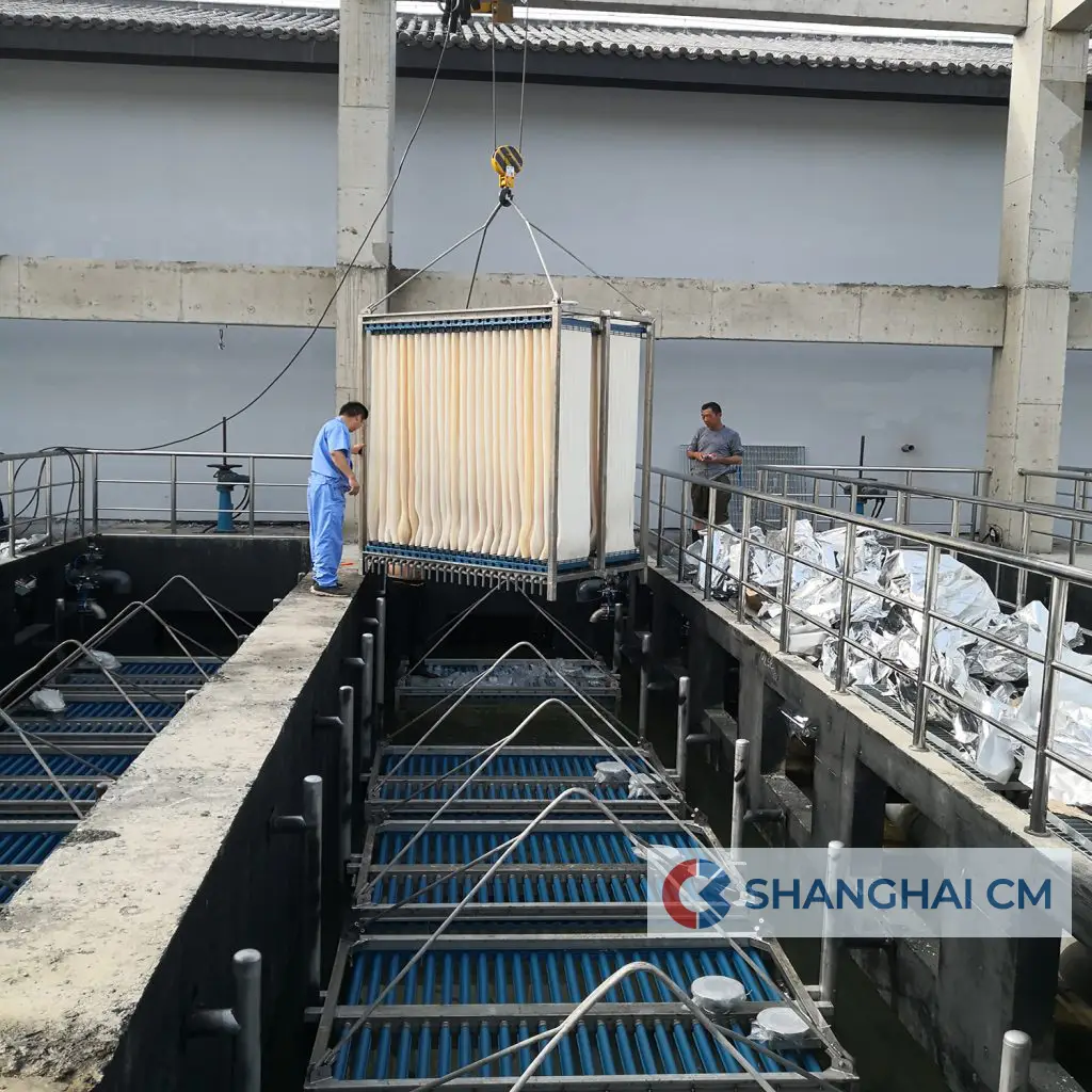 Municipal wastewater treatment plant MBR installation showing ZeeWeed 500 replacement modules